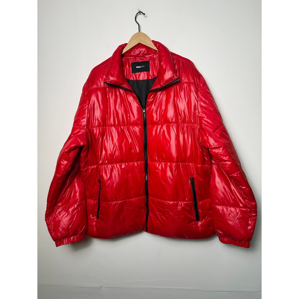 Fashion Nova Men Red Shiny Puffer Jacket XL Full Zip Quilted Padded Streetwear